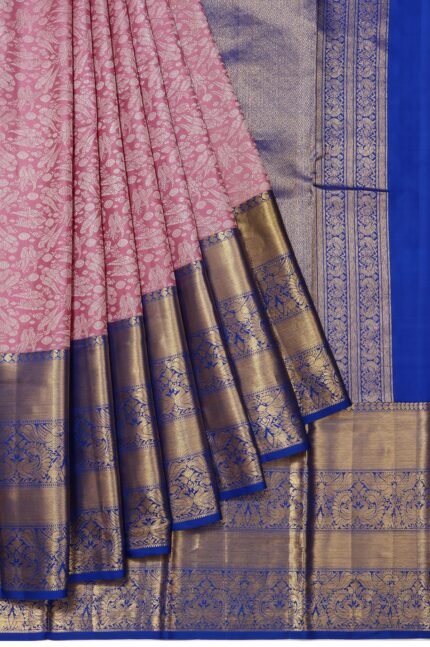 Purple Kanchipuram Silk Saree with Kili, Yanai, and Mayil Motifs