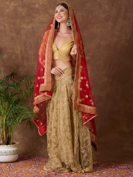 Embroidered Red Bridal & Wedding Wear Net Dupatta