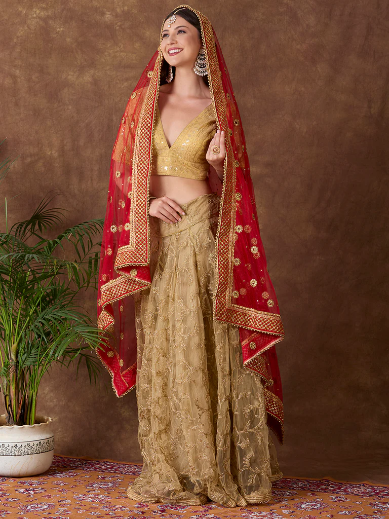 Embroidered Red Bridal & Wedding Wear Net Dupatta