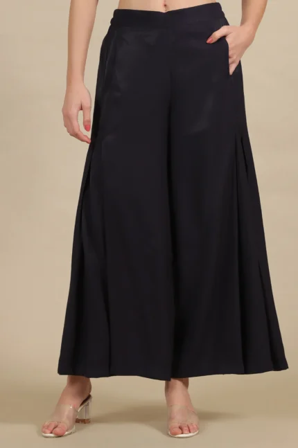 Black Solid Flared Rayon Palazzo With Pleats
