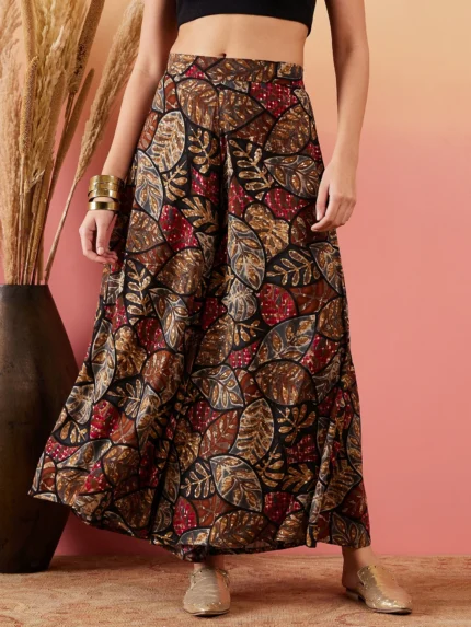 Rayon Black Grey Leaf Print Foil Palazzo