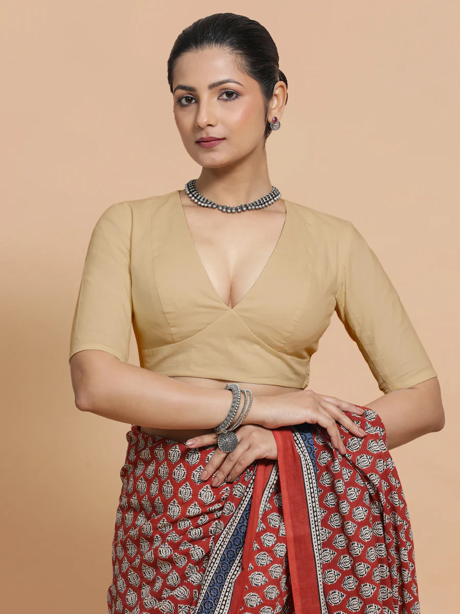 Malika x Rozaana | Deep Neck Saree Blouse in Ecru Beige Linen