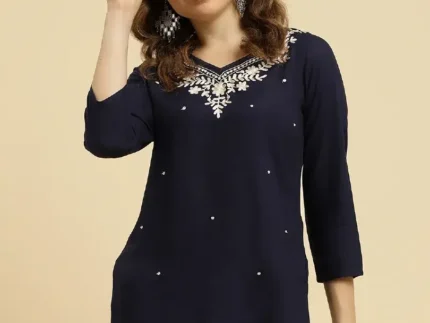 Blue Kashmiri Silk Work Short Kurti