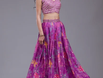 Wine Sequins Georgette Readymade Lehenga