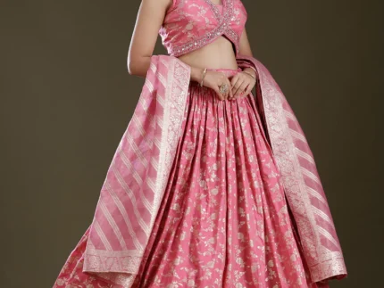 Onion Pink Sequins Soft Raw Silk Readymade Lehenga