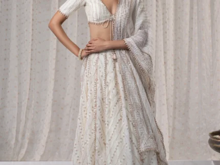 Gulmohar Organza Off White Lehenga