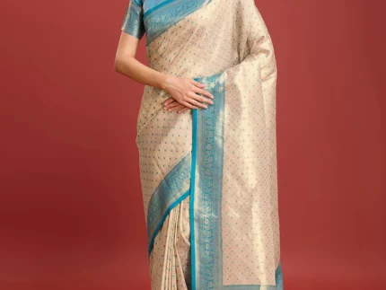 Kanchipuram Silk Zari Woven Traditional Saree With Contrast Sky Blue Blouse Festive Wear