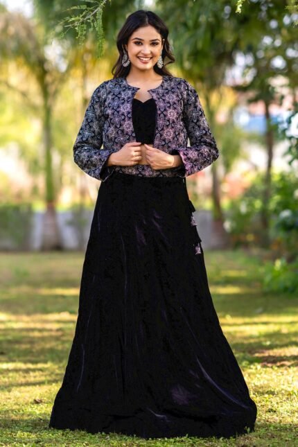 Black Velvet Embellished Jacket Lehenga Set