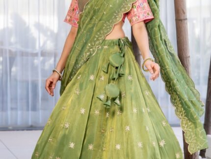 Green Tissue Floral Embroidered Lehenga Set