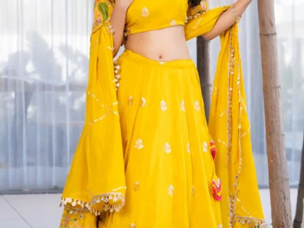 Yellow Tissue Zari & Floral Embroidered Lehenga Set