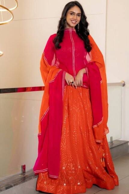 Orange Muslin & Organza Embellished Lehenga Set