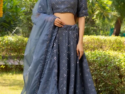 Grey Georgette Mirror Embroidered Lehenga Set