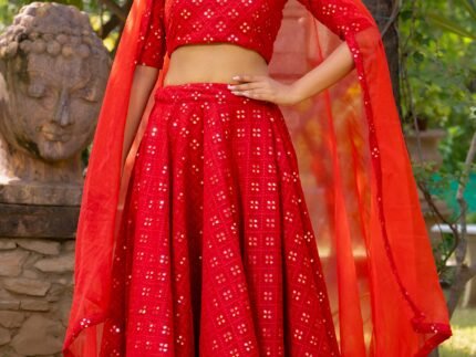 Red Georgette Mirror Embroidered Lehenga Set