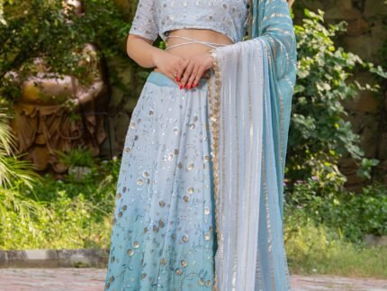 Ocean Blue Georgette Embellished Kalidar Lehenga Set