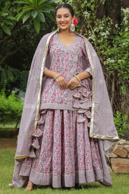 Blossom Pink Cambric Cotton Jaal Block Printed Lehenga Set