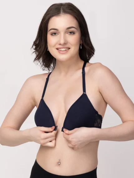 Navy Blue Non-Wired  Lightly Padded  Medium Coverage Women's Front-Open Bra