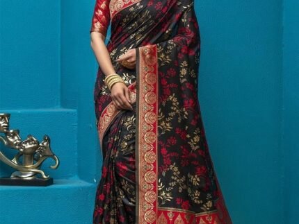 Black Banarasi Silk Jacquard Woven Traditional Saree Festive Wear