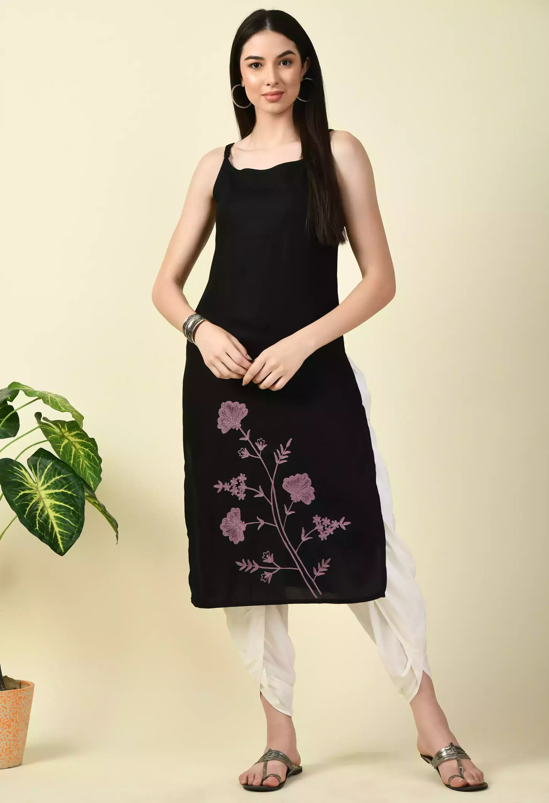 Black Pashmina Work Sleeveless Kurti