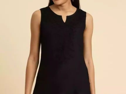 Black Self-Embroidered Sleeveless Short Kurti