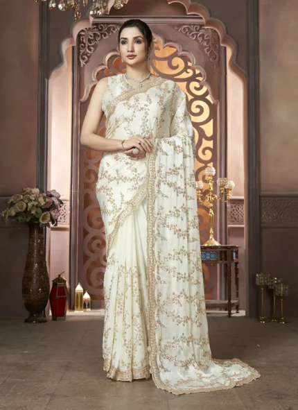 Cream Organza Hand Embroidered Sequins Beads Work Saree Wedding Wear