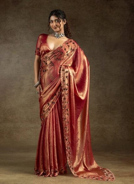 Dark Peach Satin Silk Hand Embroidered Sequins With Applique And Stone Work Saree Wedding Wear