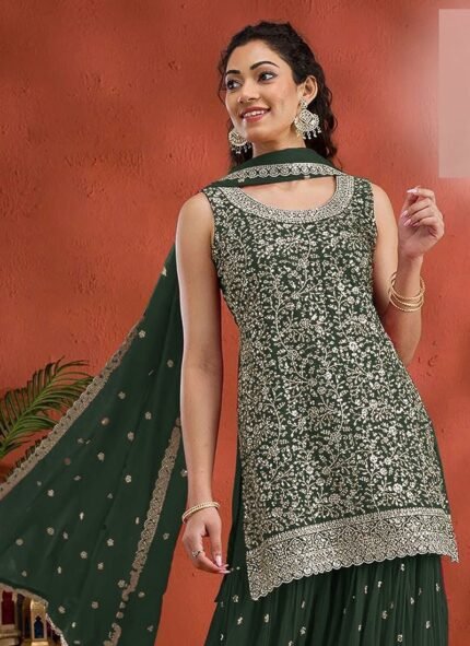 Green Georgette Embroidered Sequin Palazzo Set Festive Wear