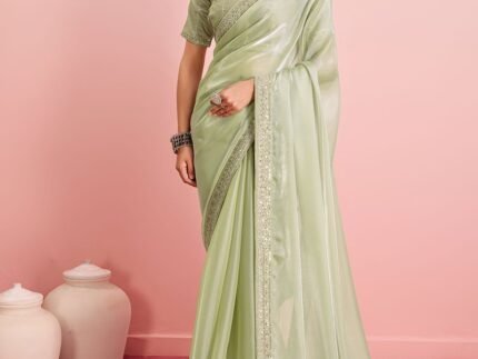 Green Organza Embroidered Sequins Border Saree For Women Party Wear