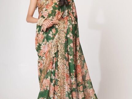 Green Organza Printed N Sequins Work Saree Party Wear