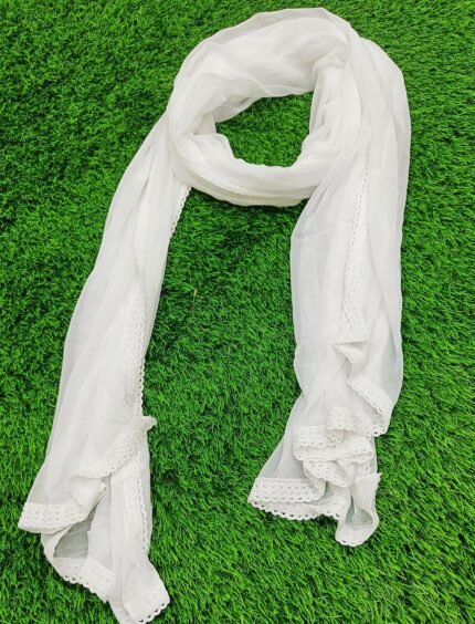 Plain White Chiffon Dupatta With Crochet lace Border