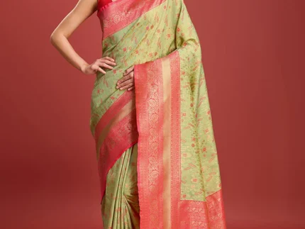 Kanchipuram Silk Green Zari Woven Border Saree For Traditional Indian Women Festive Wear