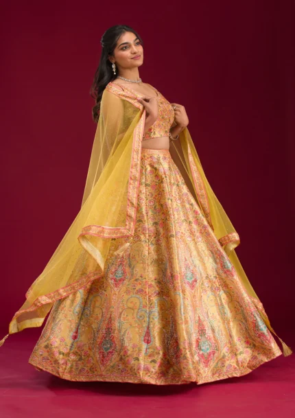 Mustard Silver Zariwork Banarasi Readymade Lehenga