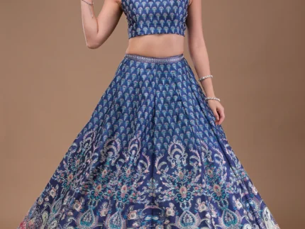 Navy Blue Swaroski Banarasi Readymade Lehenga Set