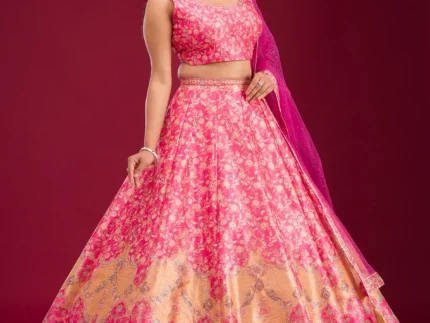Rani Pink Swarovski Raw Silk Readymade Lehenga
