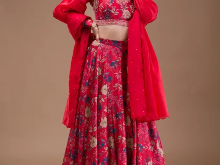 Red Print Satin Readymade Lehenga
