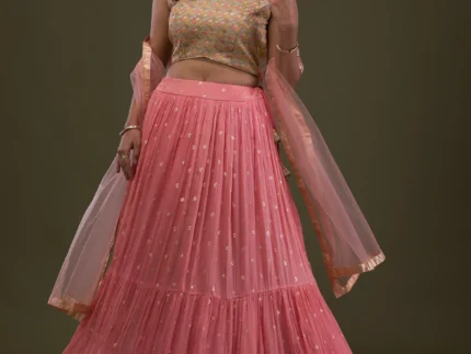 Yellow Threadwork Chiffon Readymade Lehenga