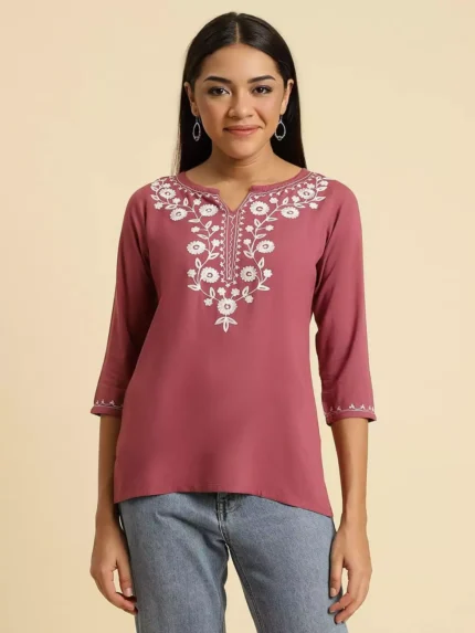 Wild Orchid Pink Kashmiri Silk Work Short Kurti