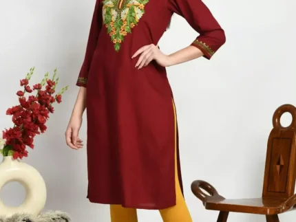 Maroon Colored Multi Embroidered Kurti