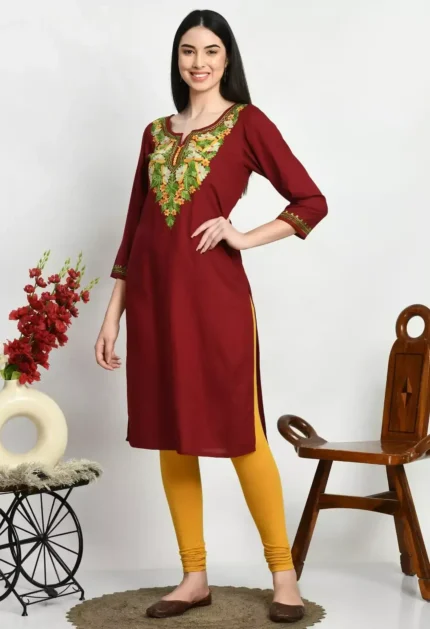 Maroon Colored Multi Embroidered Kurti