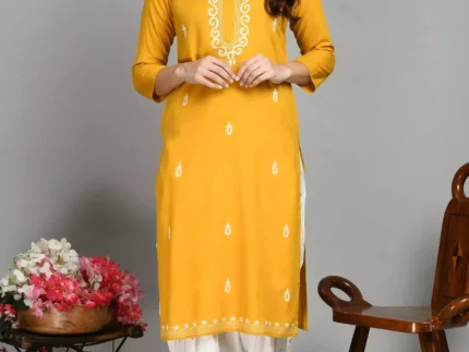 Mustard Colored Pashmina Work Kurti