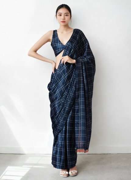 Navy Blue Chinon Digital Print Pre Draped Saree After Six Wear