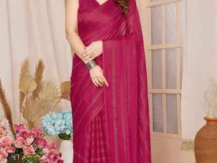 Wine Georgette Stone Embossed Pre Draped Elegant Saree With Blouse Party Wear