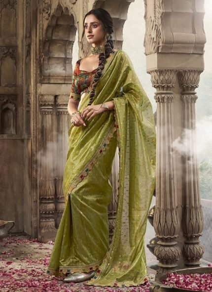 Pista Green Tissue Jacquard Zari Saree Festive Wear