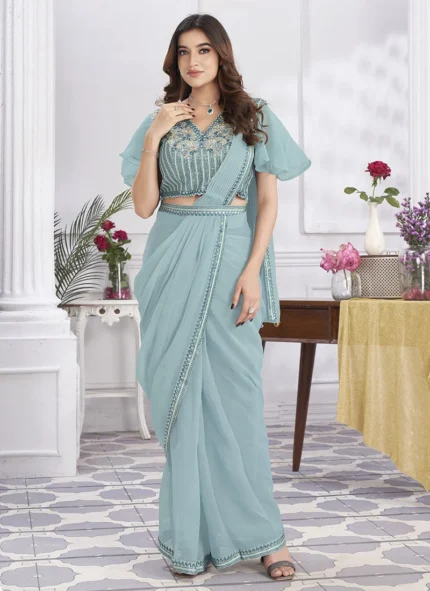 Powder Blue Georgette Embroidered Sequins Pre Draped Elegant Saree Party Wear