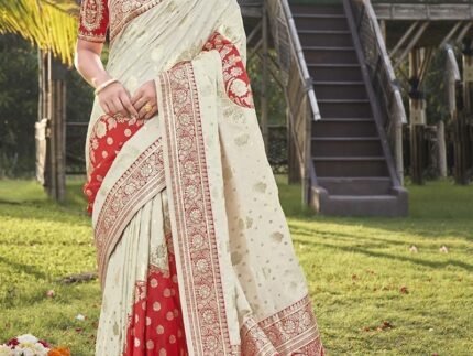 Ivory Opulence Off White Benarasi Silk Jacquard Zari Saree Festive Wear