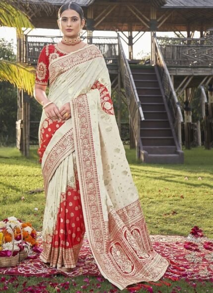 Ivory Opulence Off White Benarasi Silk Jacquard Zari Saree Festive Wear