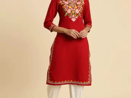 Red Kashmiri Multi Colored Embroidered Kurti