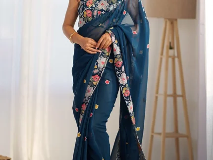 Teal Georgette Embroidered Sequins Saree After Six Wear