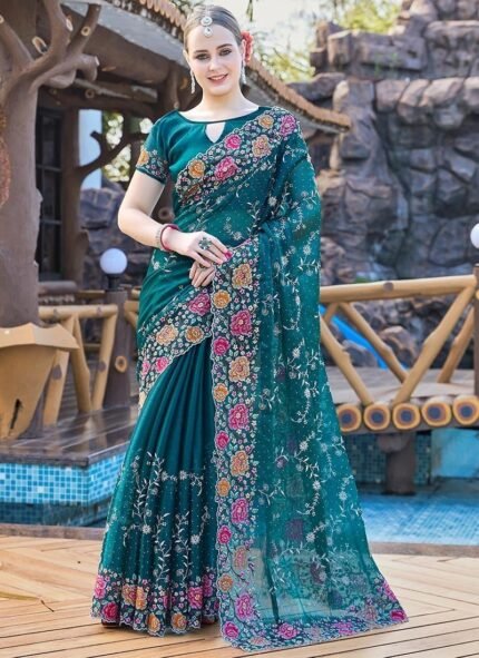Floral Embroidered Sequins Stone Embossed Saree Festive Wear