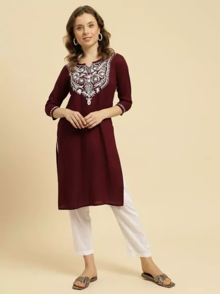 Wine Silk Embroidered Kashmiri Kurti