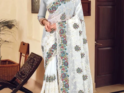 White Georgette Resham Embroidered Saree Party Wear